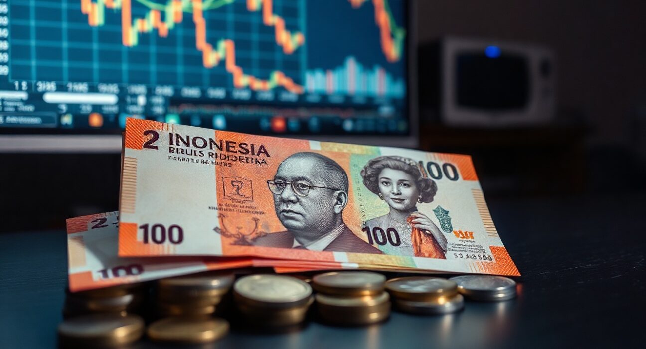 Indonesian rupiah banknotes and coins on a table with financial charts in the background