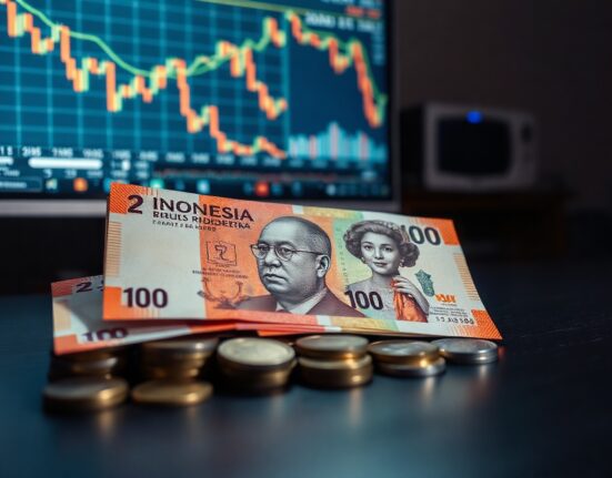 Indonesian rupiah banknotes and coins on a table with financial charts in the background