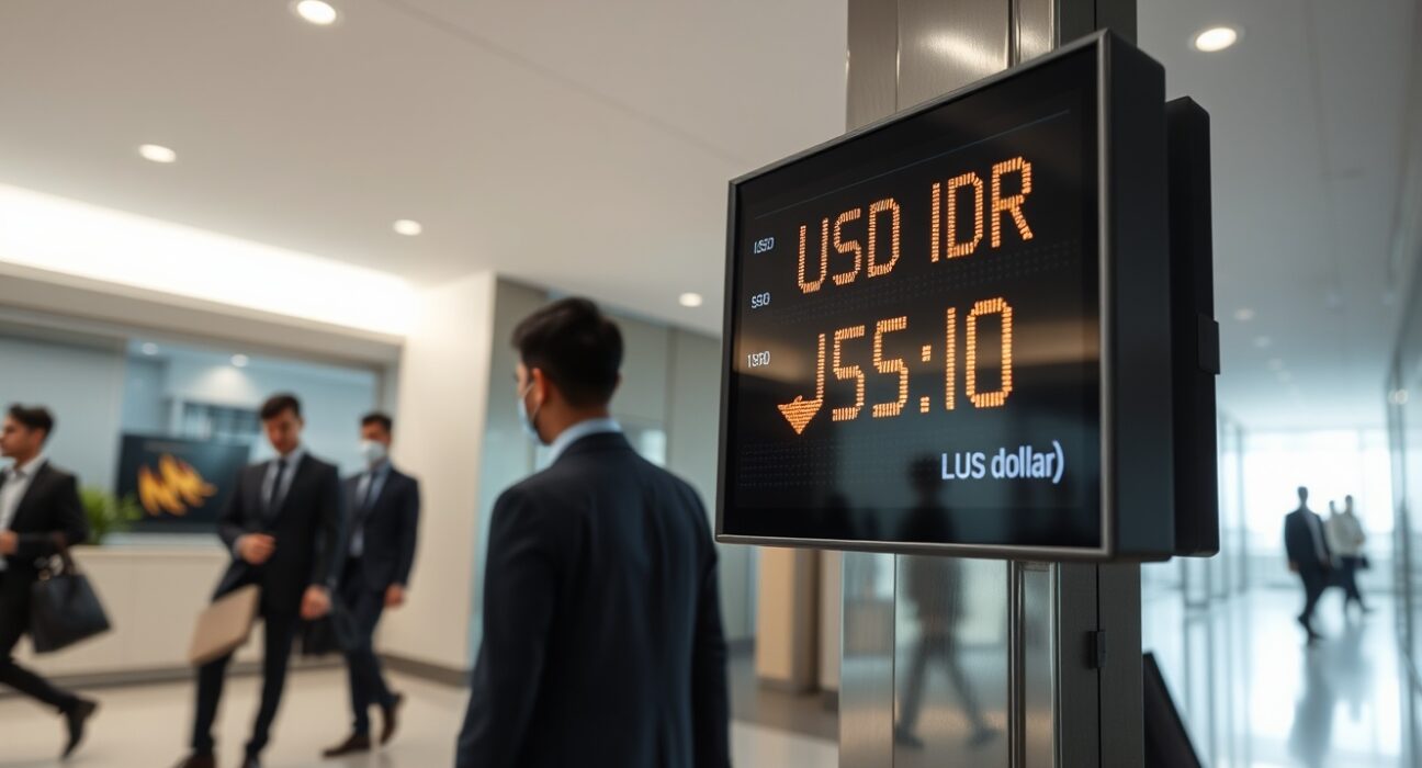 Currency exchange board in Jakarta showing USD/IDR rate with downward dollar trend