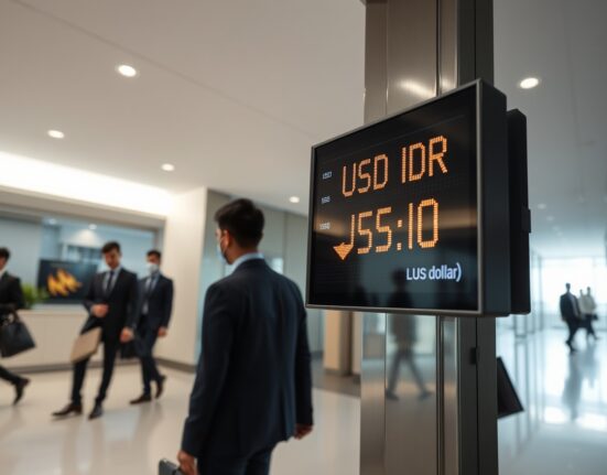 Currency exchange board in Jakarta showing USD/IDR rate with downward dollar trend