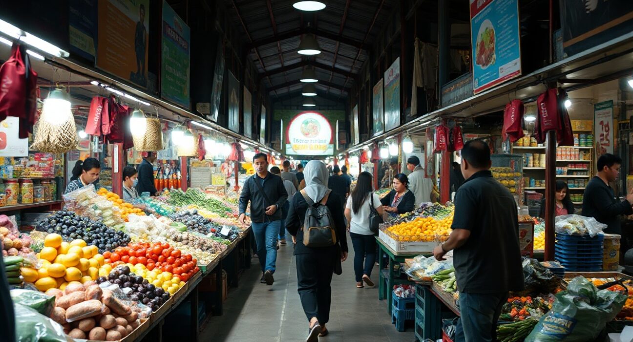Quiet traditional market in Jakarta with fewer shoppers, reflecting retail sales decline in Indonesia