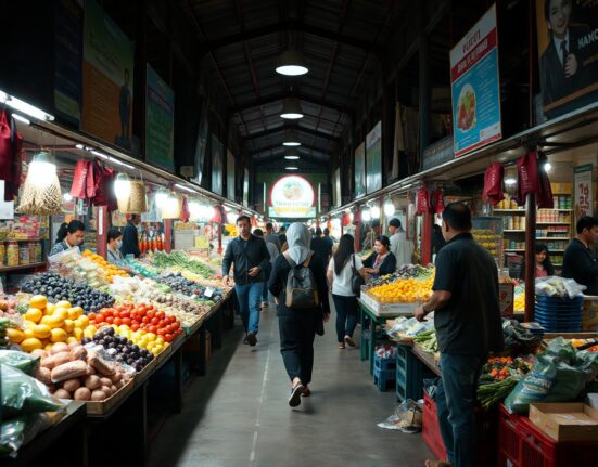Quiet traditional market in Jakarta with fewer shoppers, reflecting retail sales decline in Indonesia