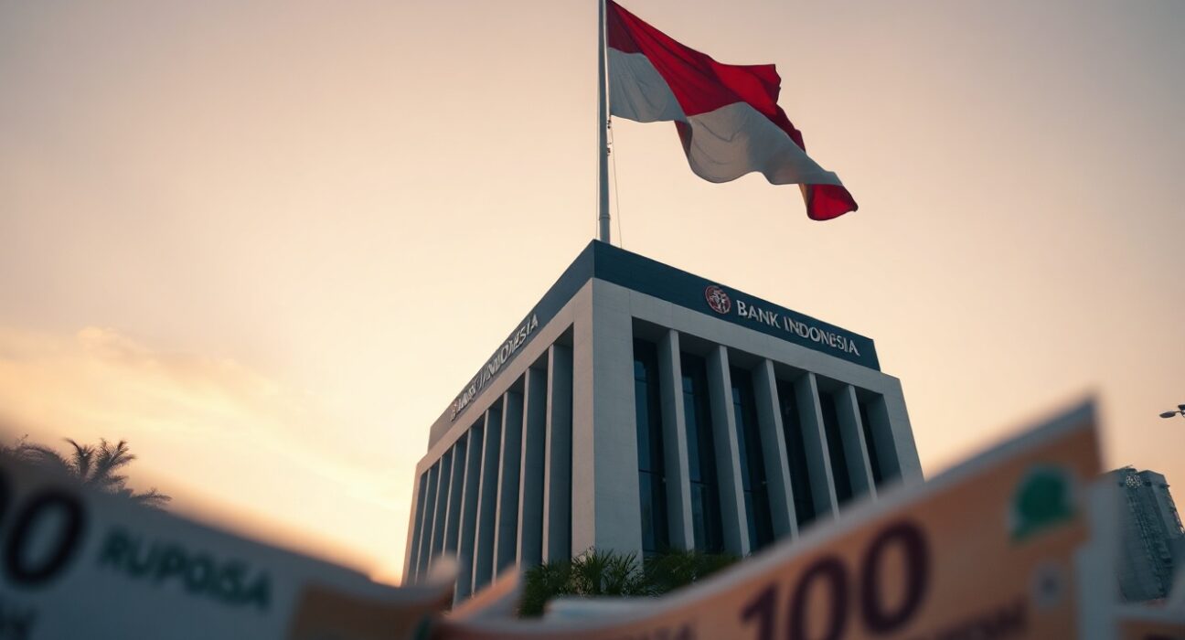 Bank Indonesia headquarters building in Jakarta with Indonesian rupiah notes in foreground