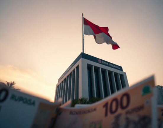 Bank Indonesia headquarters building in Jakarta with Indonesian rupiah notes in foreground
