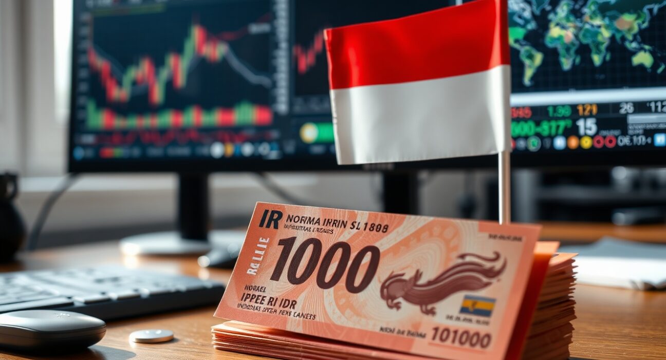 Indonesian rupiah banknotes and flag on a desk with a financial chart in the background