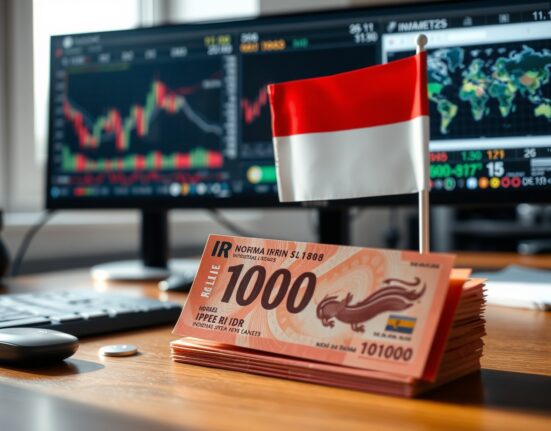 Indonesian rupiah banknotes and flag on a desk with a financial chart in the background