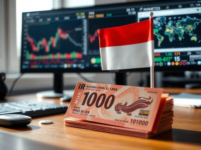 Indonesian rupiah banknotes and flag on a desk with a financial chart in the background