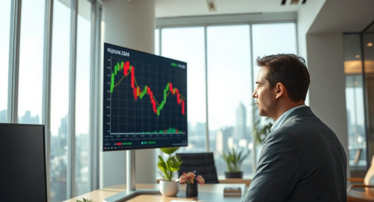 Financial analyst reviewing Indonesian rupiah exchange rate chart in Jakarta office