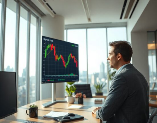 Financial analyst reviewing Indonesian rupiah exchange rate chart in Jakarta office