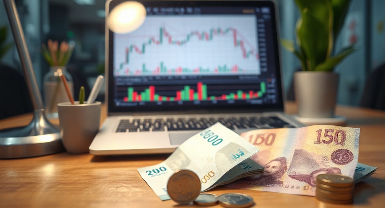 Indonesian rupiah banknotes and coins on a desk with a laptop showing currency charts, representing MUFG's risk analysis.