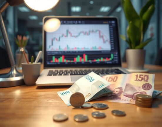 Indonesian rupiah banknotes and coins on a desk with a laptop showing currency charts, representing MUFG's risk analysis.