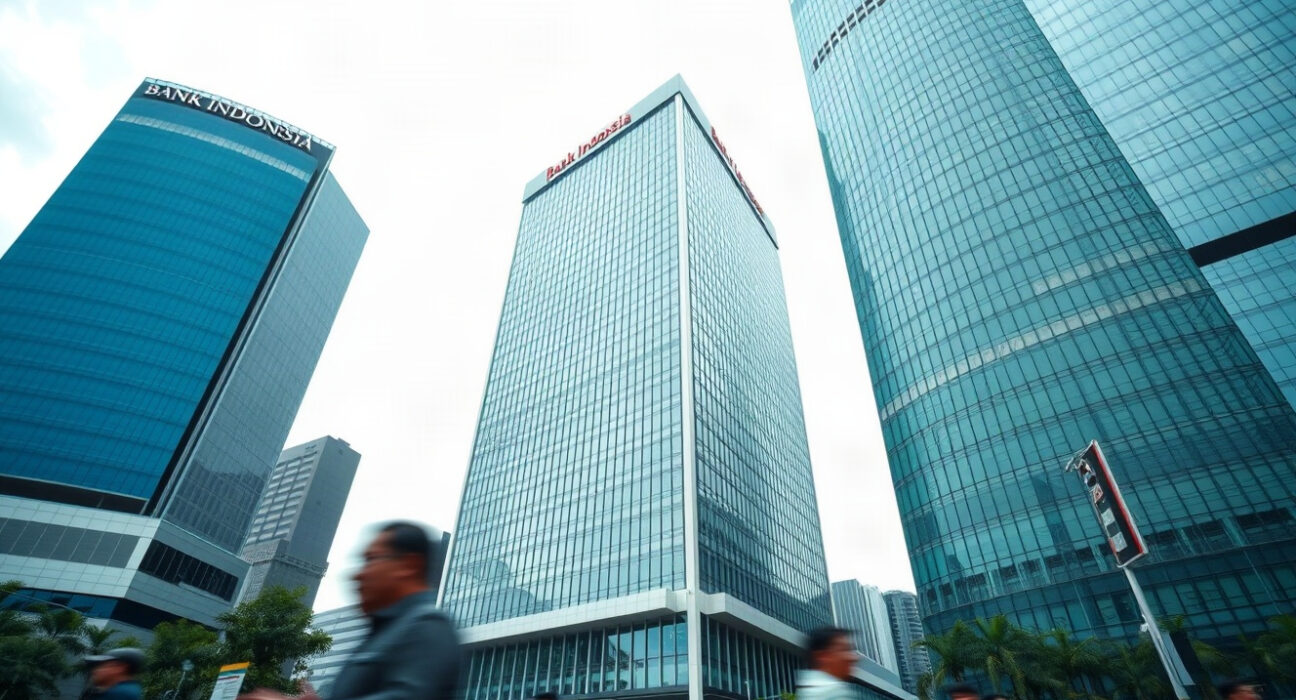 Bank Indonesia headquarters in Jakarta, with city life in the foreground, representing monetary policy and rupiah stability.