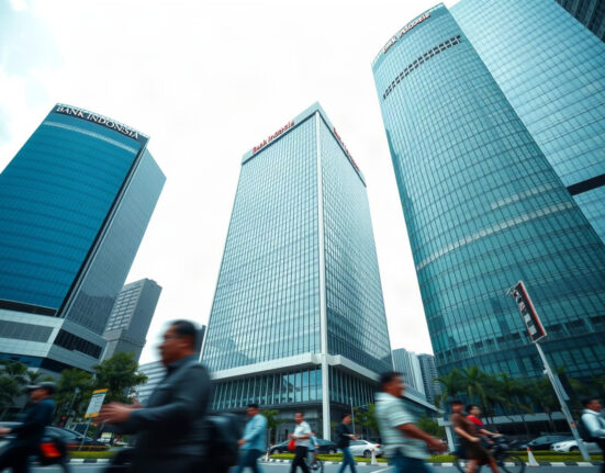Bank Indonesia headquarters in Jakarta, with city life in the foreground, representing monetary policy and rupiah stability.