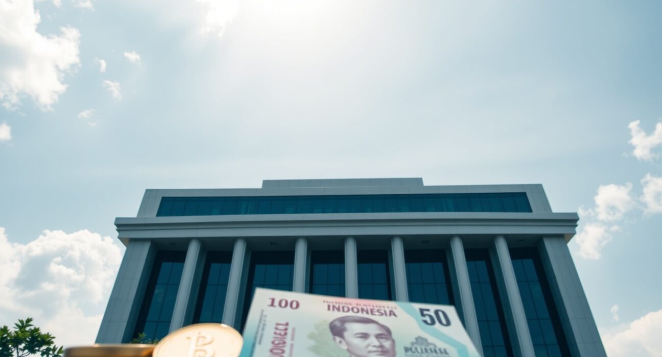 Bank Indonesia headquarters building in Jakarta with Indonesian rupiah currency in foreground