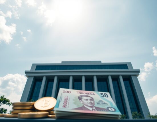Bank Indonesia headquarters building in Jakarta with Indonesian rupiah currency in foreground