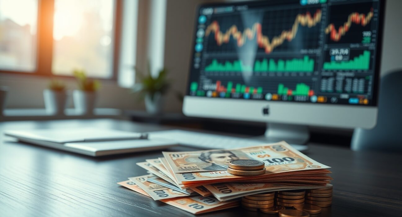 Indonesian rupiah banknotes and coins on a desk with financial charts in the background