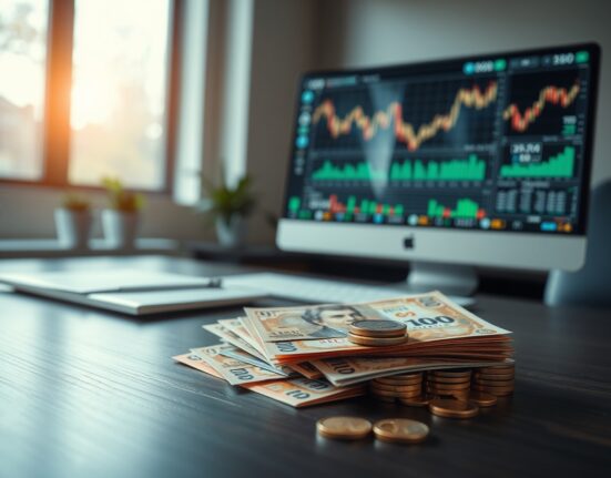 Indonesian rupiah banknotes and coins on a desk with financial charts in the background