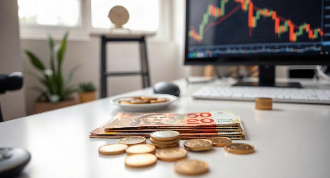 Indonesian rupiah banknotes and coins on a desk with a stock chart in the background