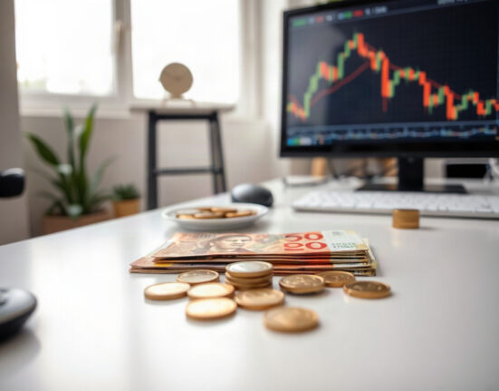 Indonesian rupiah banknotes and coins on a desk with a stock chart in the background