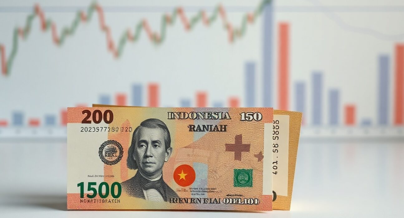 Indonesian rupiah and US dollar banknotes on a neutral background, symbolizing currency exchange movements.