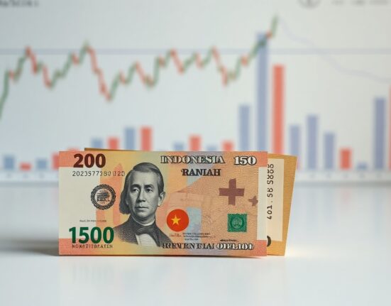 Indonesian rupiah and US dollar banknotes on a neutral background, symbolizing currency exchange movements.
