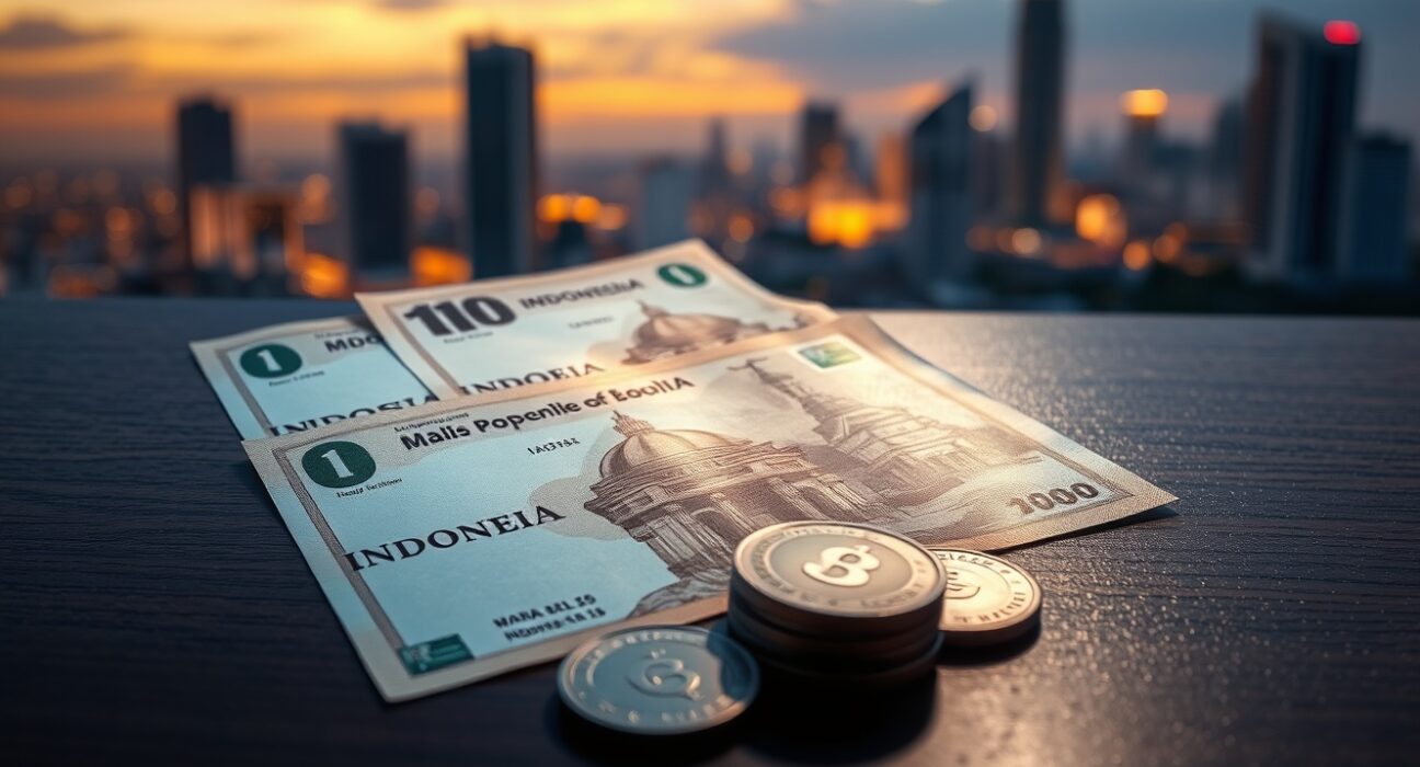 Indonesian rupiah banknotes and coins on a dark surface with Jakarta skyline in background