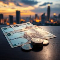 Indonesian rupiah banknotes and coins on a dark surface with Jakarta skyline in background