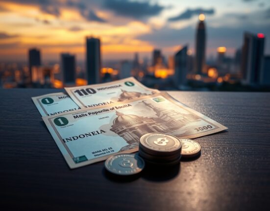 Indonesian rupiah banknotes and coins on a dark surface with Jakarta skyline in background