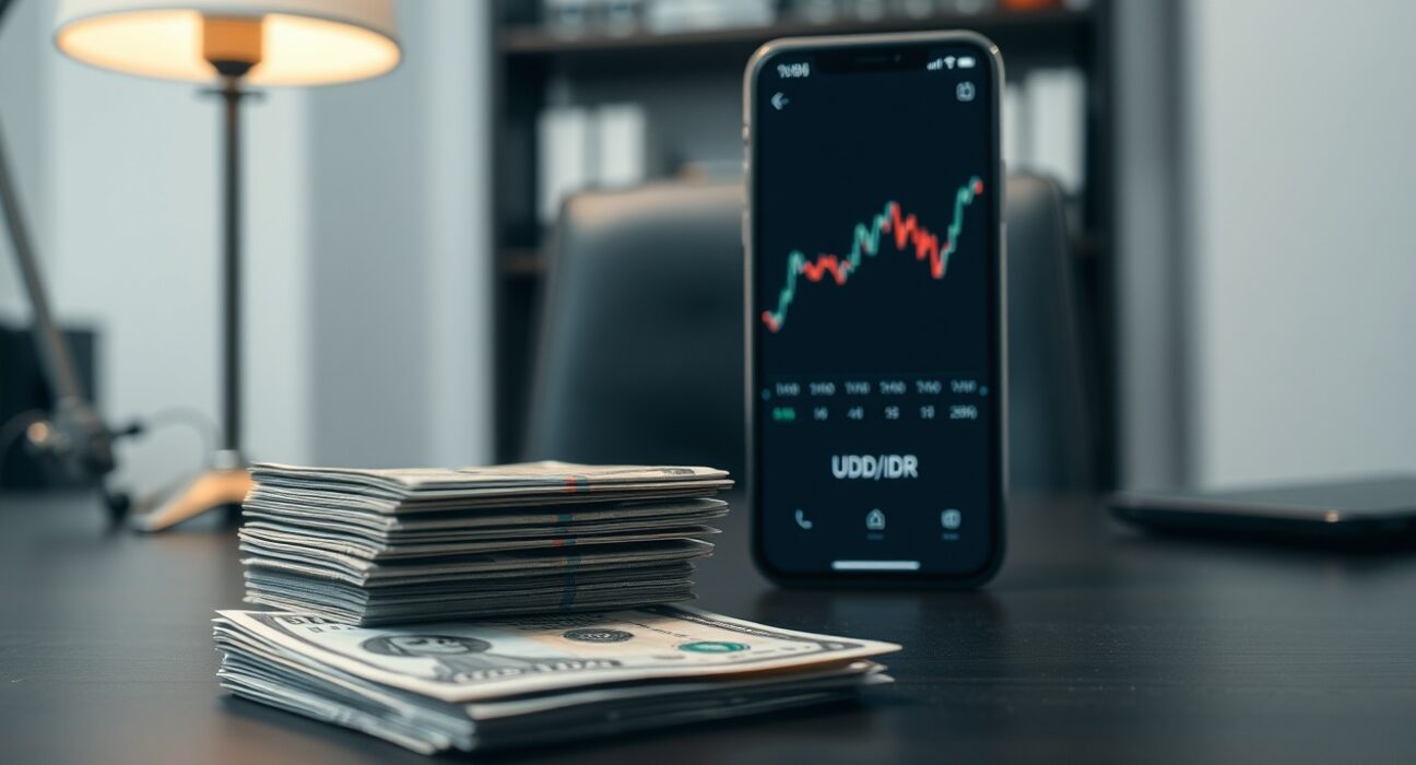 Indonesian rupiah banknotes and US dollar bill on a desk with a currency chart on a smartphone screen.