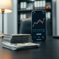 Indonesian rupiah banknotes and US dollar bill on a desk with a currency chart on a smartphone screen.