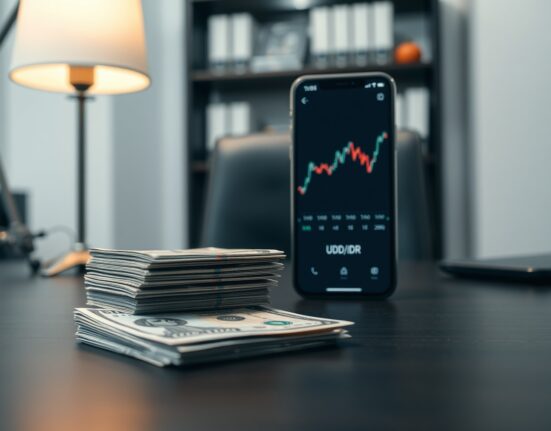 Indonesian rupiah banknotes and US dollar bill on a desk with a currency chart on a smartphone screen.