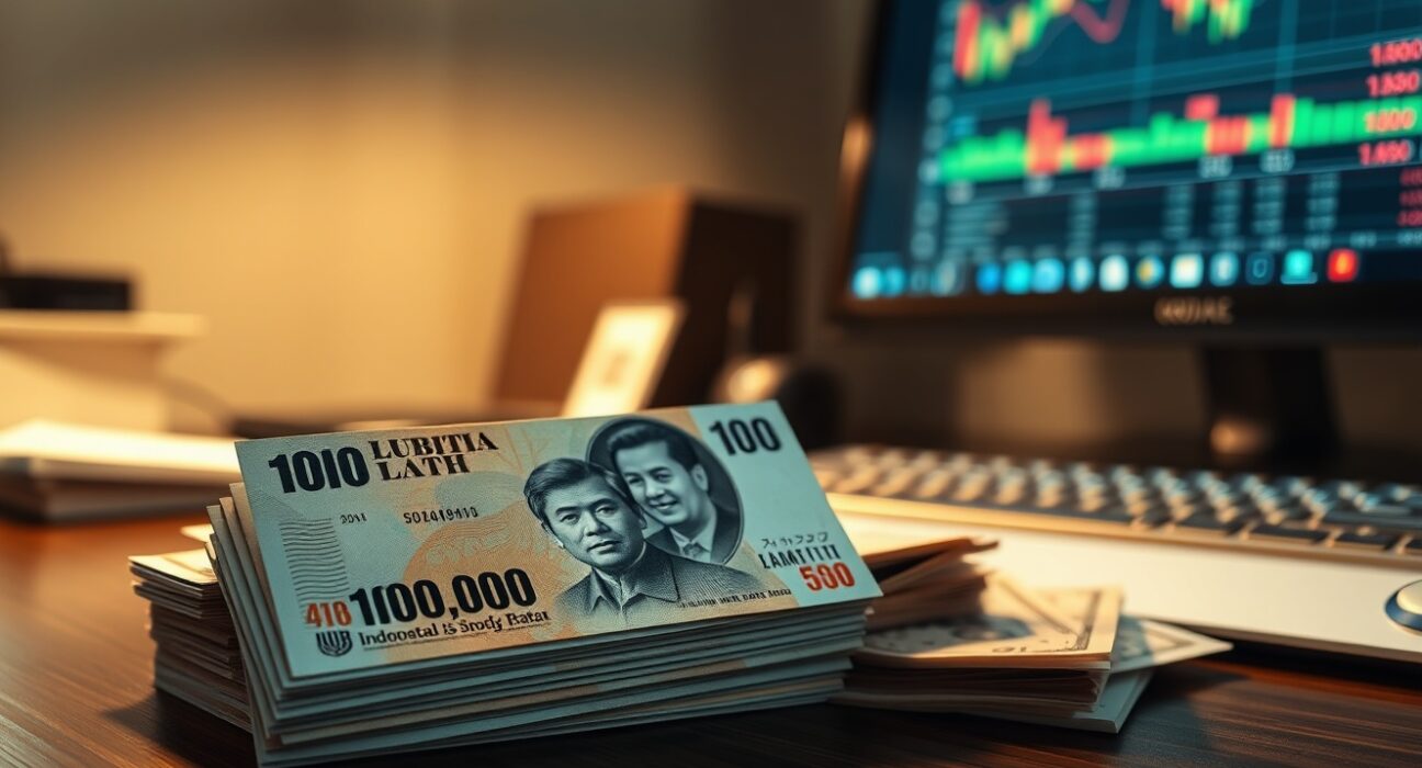 Close-up of Indonesian rupiah banknotes with US dollars and financial charts in background