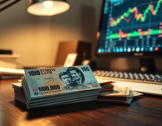 Close-up of Indonesian rupiah banknotes with US dollars and financial charts in background