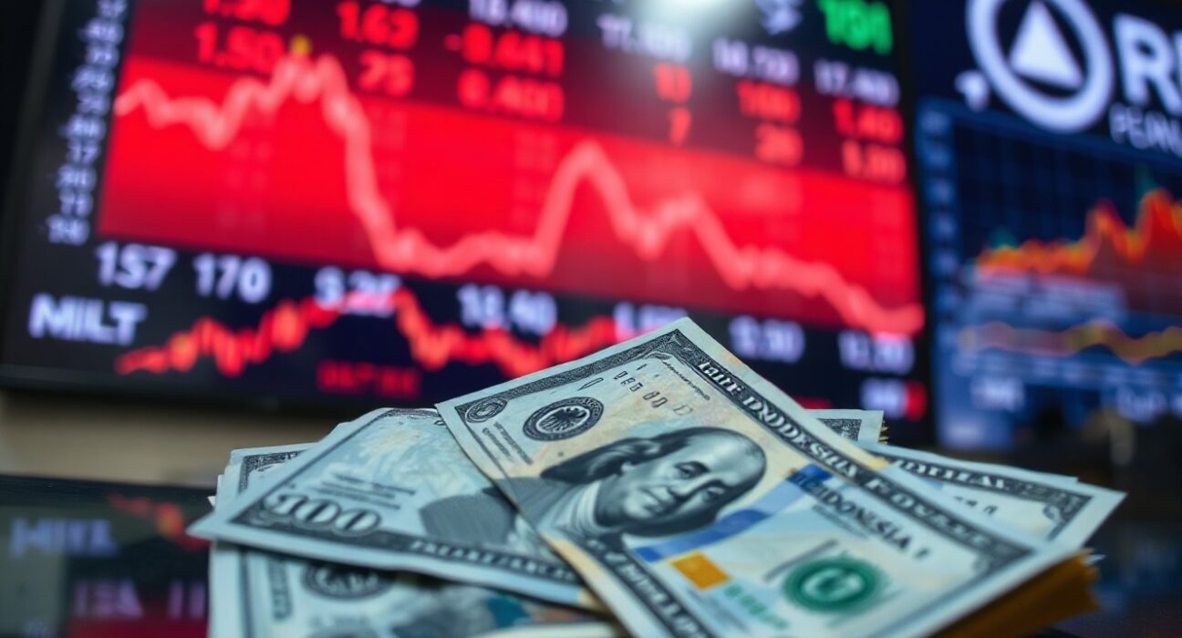 Indonesian rupiah and US dollar banknotes with a currency chart on a trading screen
