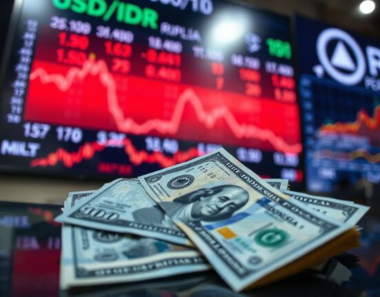 Indonesian rupiah and US dollar banknotes with a currency chart on a trading screen