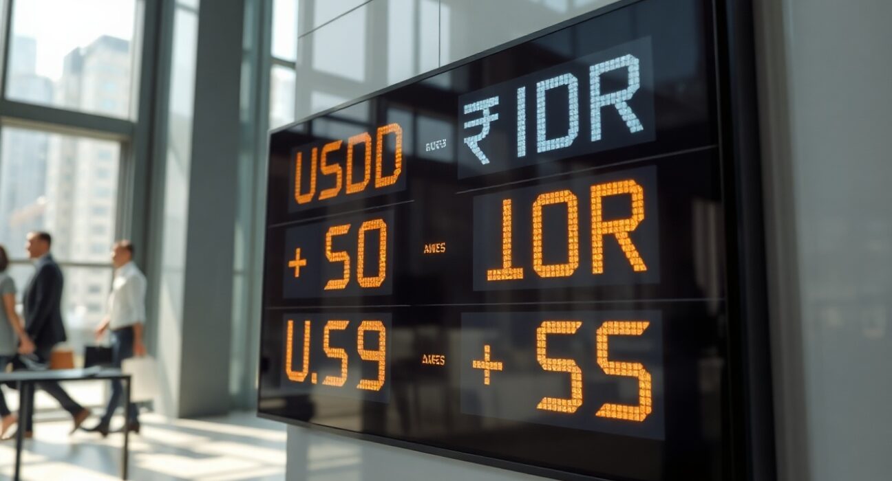 Currency exchange board in Jakarta showing USD/IDR rates