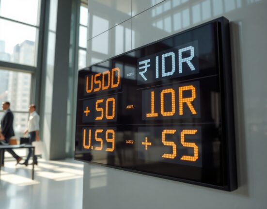 Currency exchange board in Jakarta showing USD/IDR rates