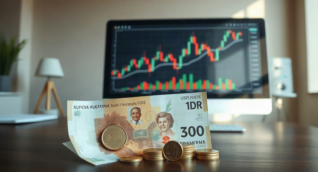 Indonesian rupiah banknotes and coins with a computer screen showing exchange rate charts in a financial office setting.