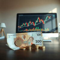 Indonesian rupiah banknotes and coins with a computer screen showing exchange rate charts in a financial office setting.