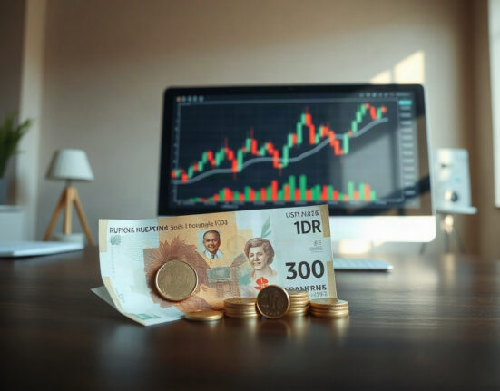Indonesian rupiah banknotes and coins with a computer screen showing exchange rate charts in a financial office setting.