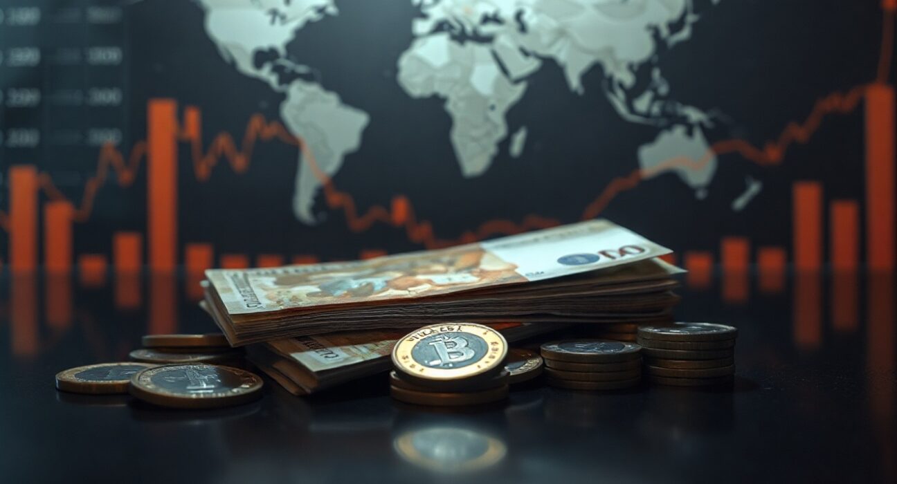 Indonesian rupiah banknotes and coins on a reflective surface, symbolizing currency weakness.