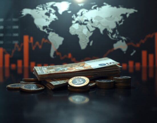 Indonesian rupiah banknotes and coins on a reflective surface, symbolizing currency weakness.