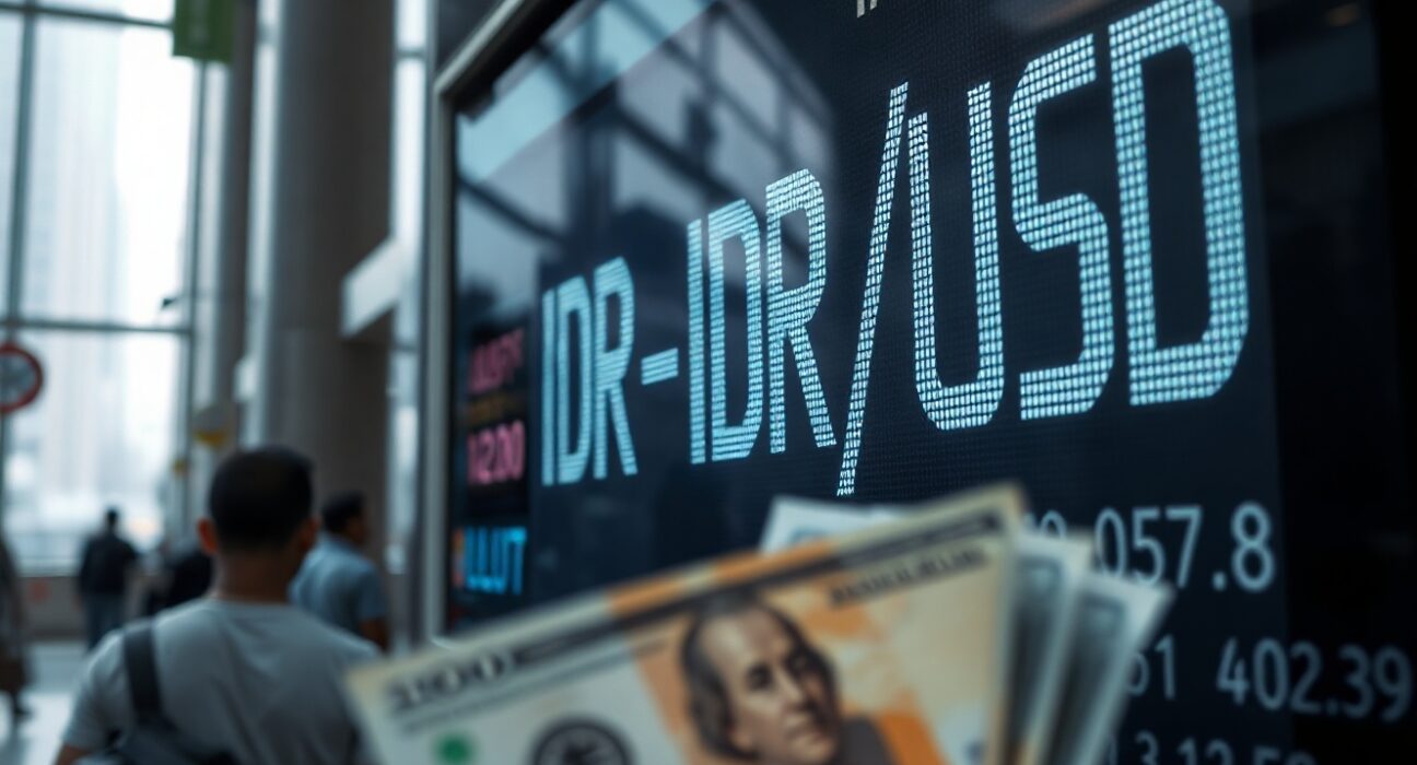 Currency exchange board in Jakarta showing weakening Indonesian rupiah against the US dollar