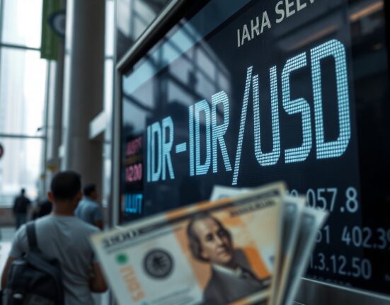 Currency exchange board in Jakarta showing weakening Indonesian rupiah against the US dollar