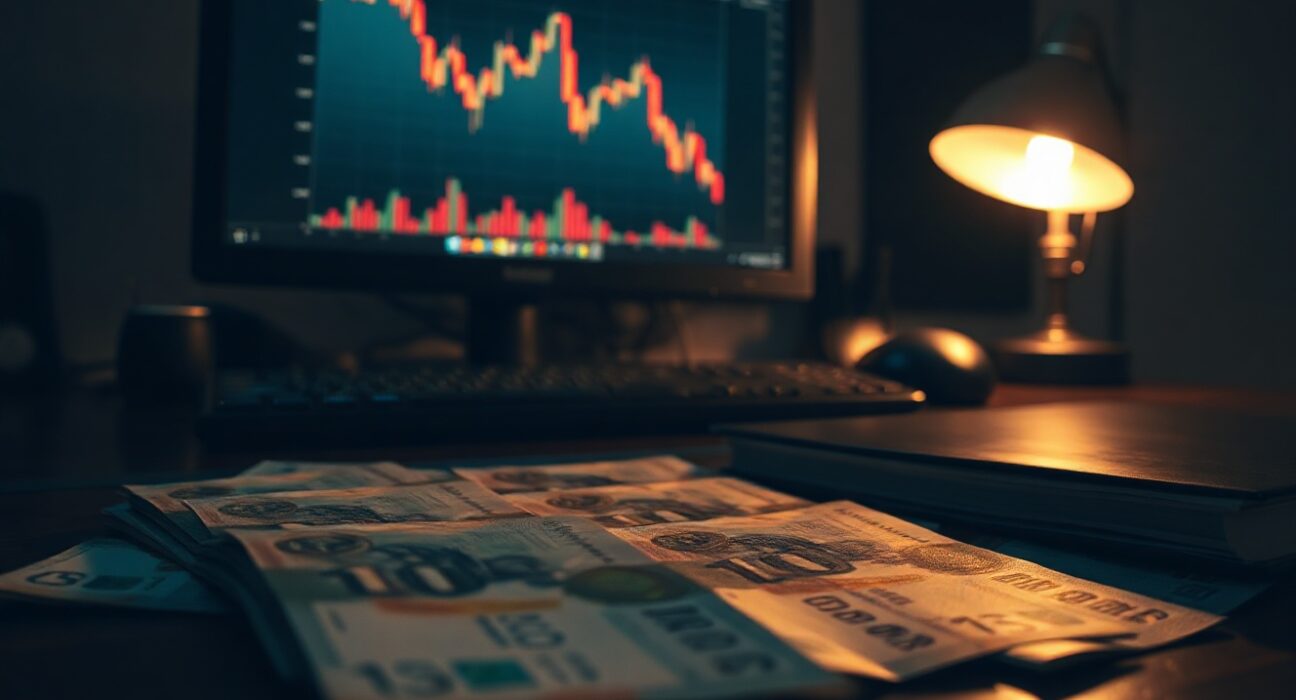 Indonesian rupiah banknotes on a desk with a financial chart showing a downward trend on a monitor in the background.