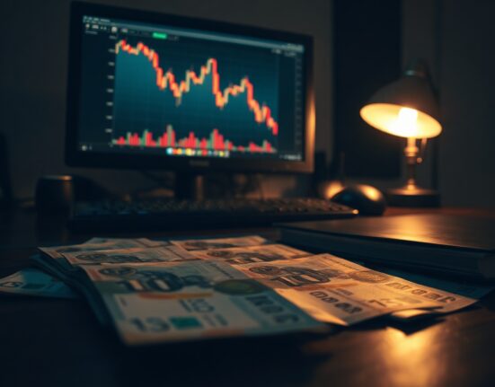 Indonesian rupiah banknotes on a desk with a financial chart showing a downward trend on a monitor in the background.