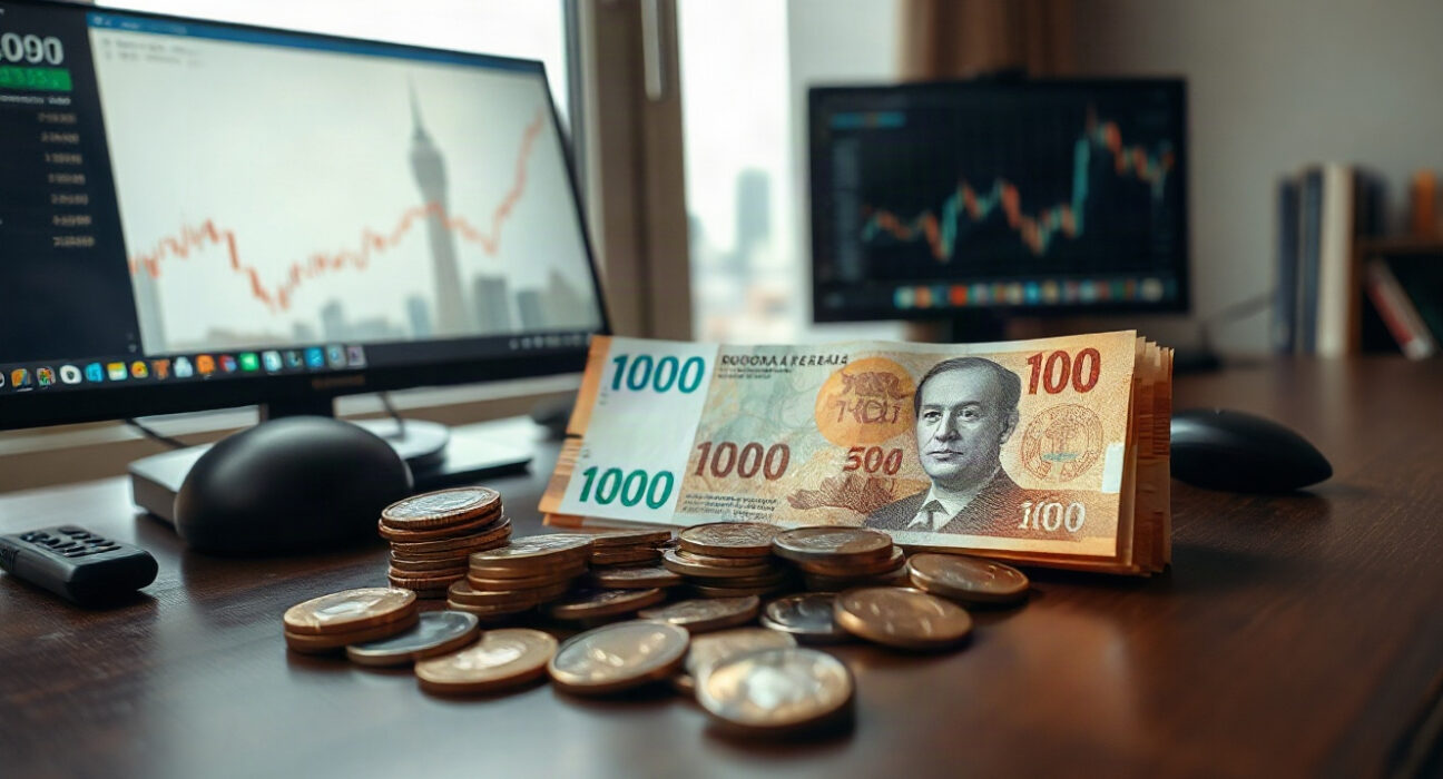 Indonesian rupiah banknotes and coins on a desk with Jakarta skyline in background