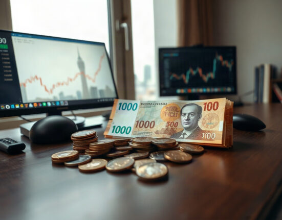 Indonesian rupiah banknotes and coins on a desk with Jakarta skyline in background