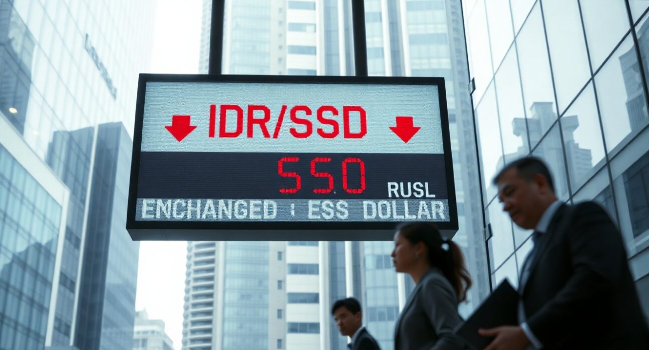 Currency exchange board in Jakarta showing Indonesian rupiah weakening against US dollar