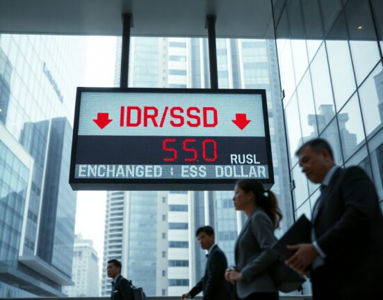 Currency exchange board in Jakarta showing Indonesian rupiah weakening against US dollar